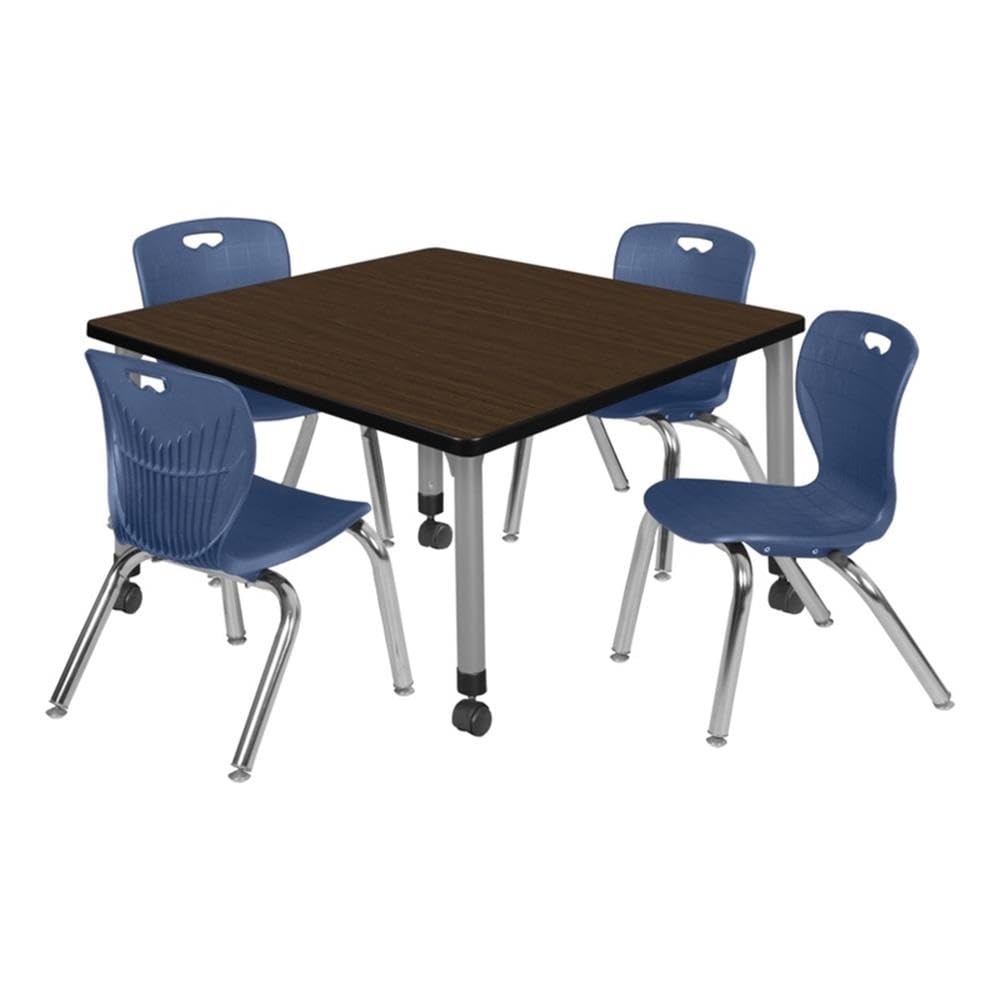 36" Square Mobile Table with 4 Navy Blue Stackable Chairs A74729