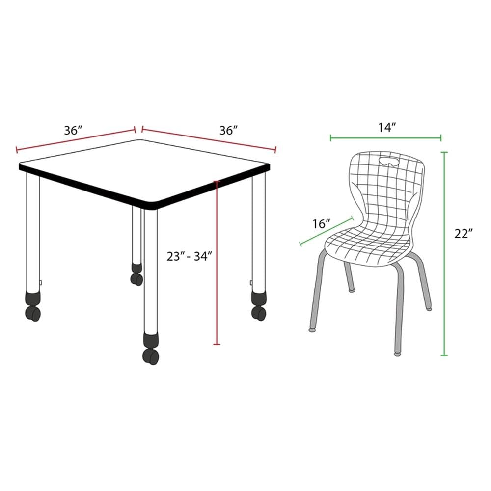 36" Square Mobile Table with 4 Navy Blue Stackable Chairs A74729