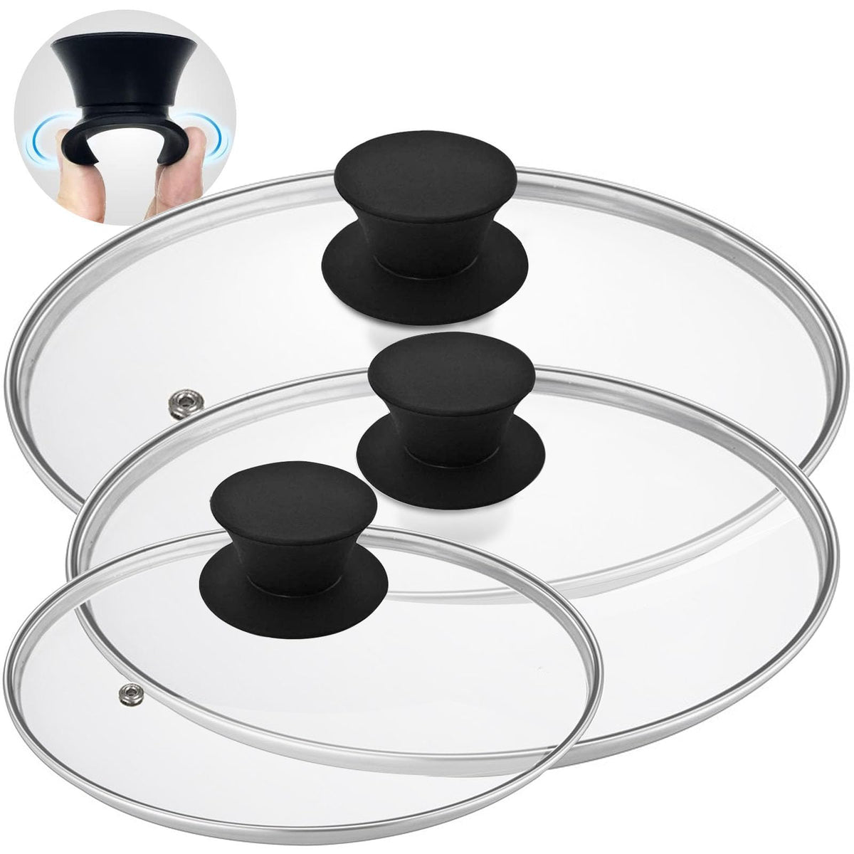 Round Tempered Glass Lid Set with Black Handle, 3 Pieces H370