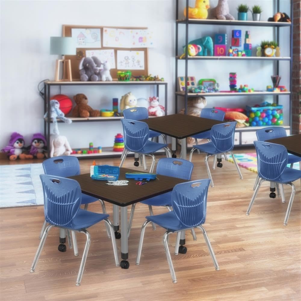 36" Square Mobile Table with 4 Navy Blue Stackable Chairs A74729