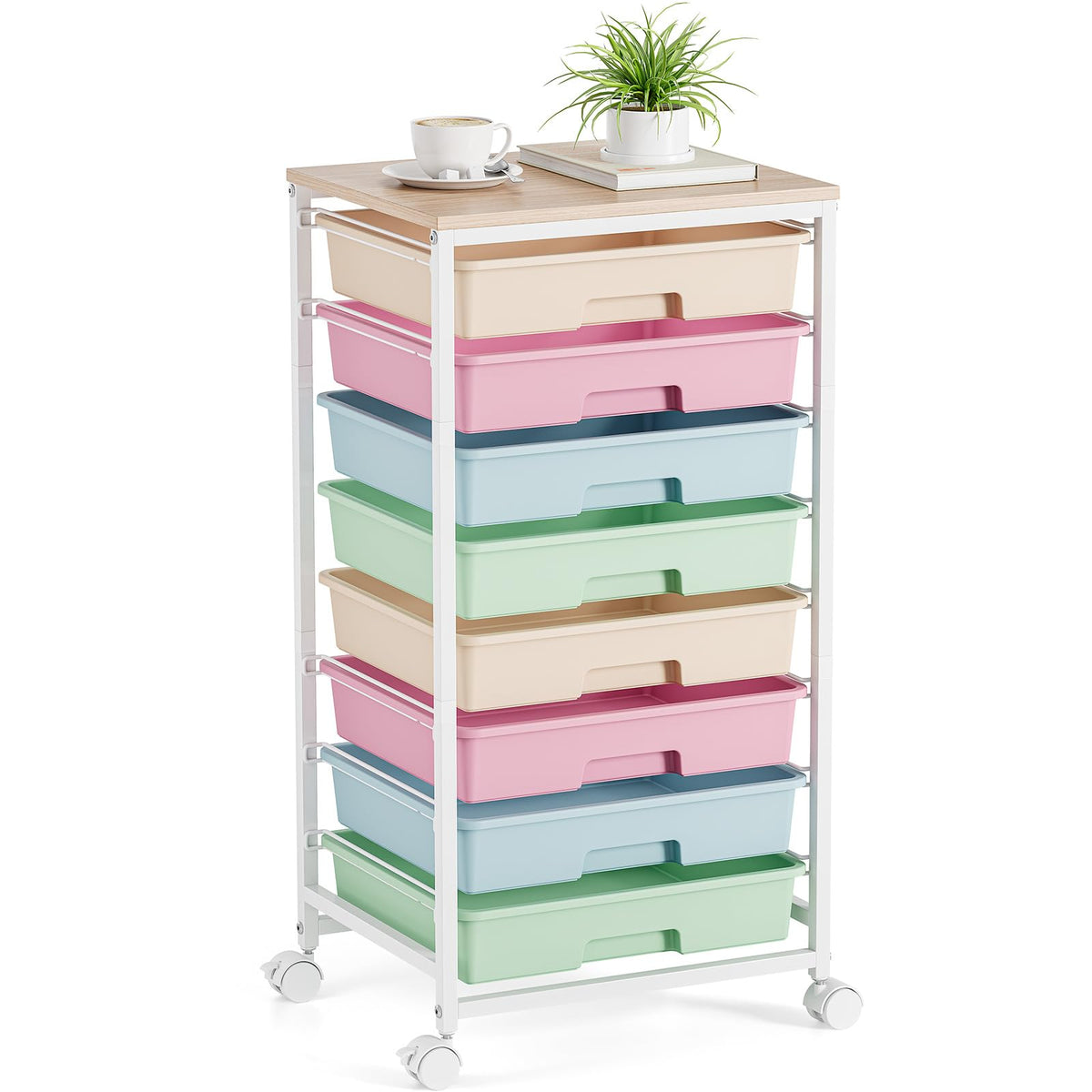 Rolling Storage Cart with 8 Drawers and Wooden Tabletop L86942