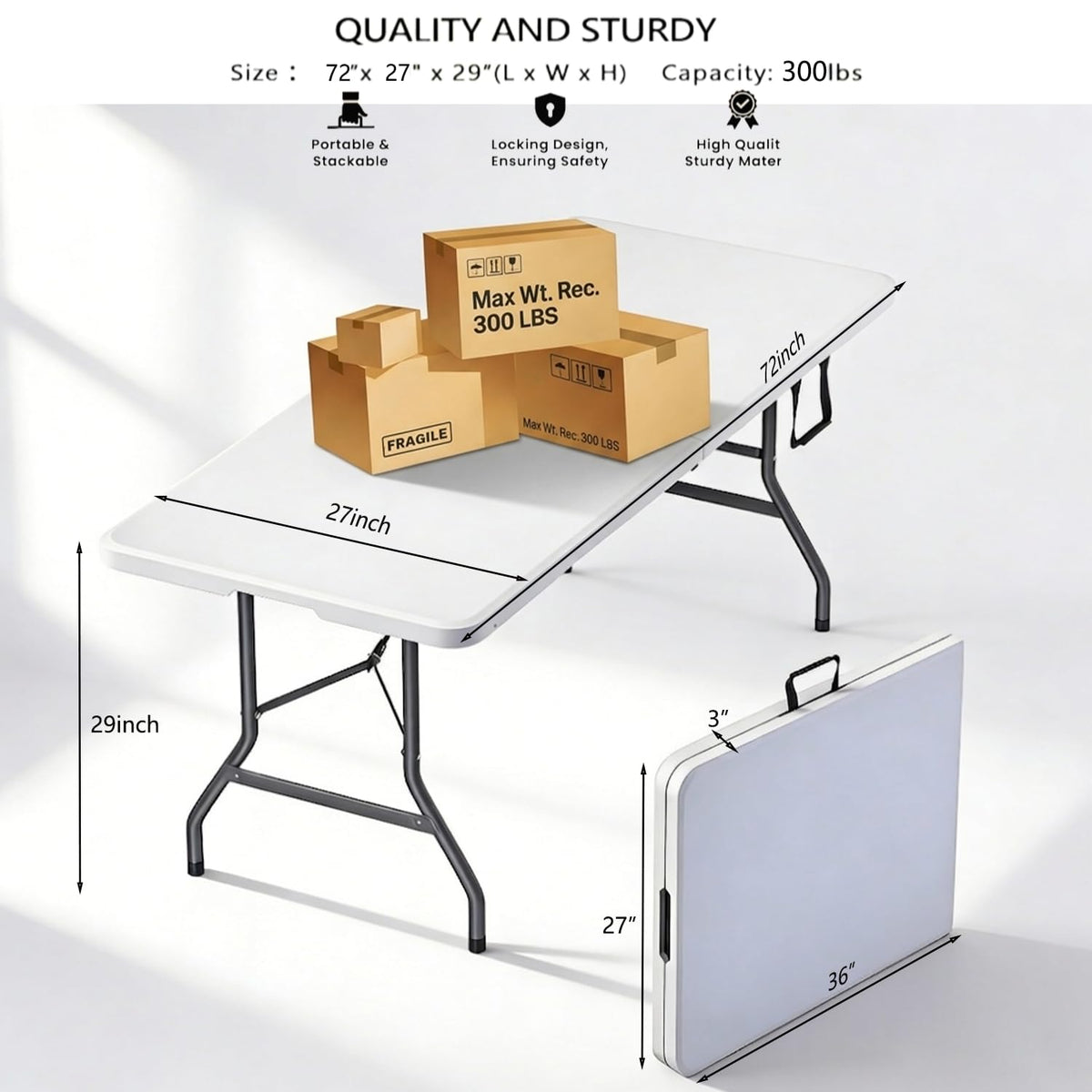 6FT White HDPE Folding Table with Carry Handle N13906