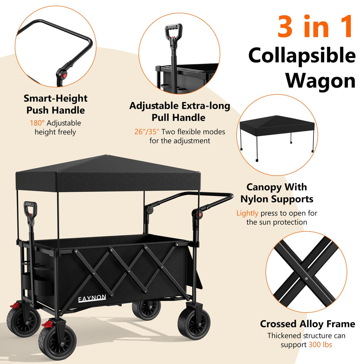Collapsible Wagon with 300lbs Capacity, 150L Heavy Duty Utility Cart, Black E80275