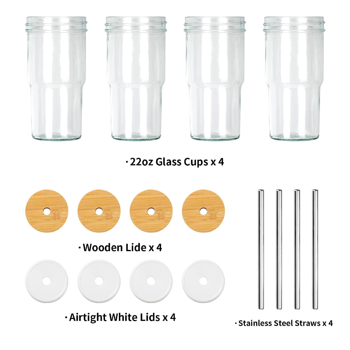 Glass Cups Set of 4 22oz Mason Jar Drinking Glasses with Bamboo Lids & Straws B600