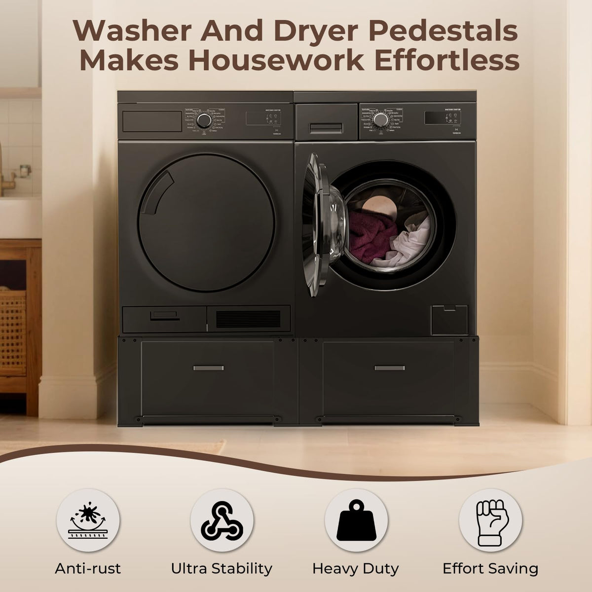 29" Washer and Dryer Pedestals with Drawer Set of 2 Black F69998