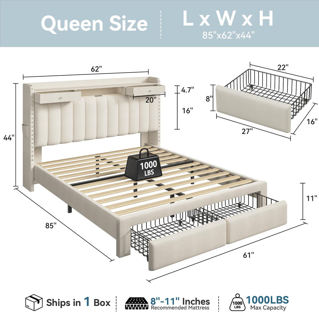 Queen Bed Frame with Storage Headboard & 4 Drawers O1963