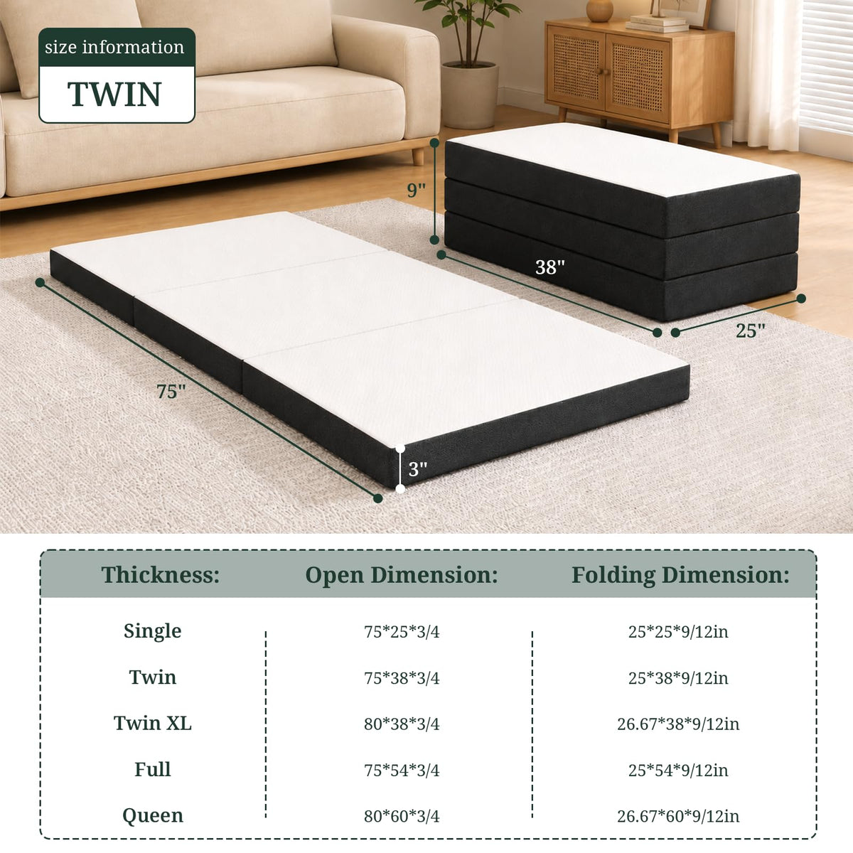 3 Inch Twin Tri-Fold Memory Foam Mattress K2660