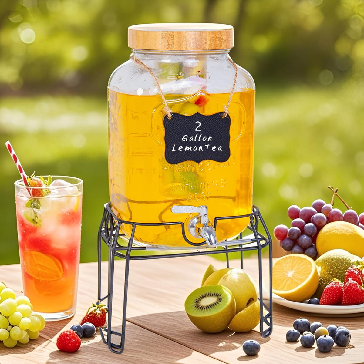 2 Gallon Glass Drink Dispenser with Stand F239