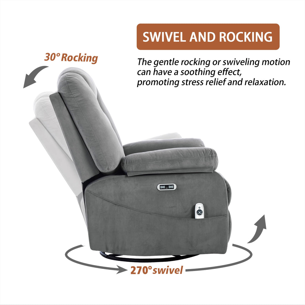 Velvet Grey Power Swivel Rocker Recliner with Massage and Heat X517075