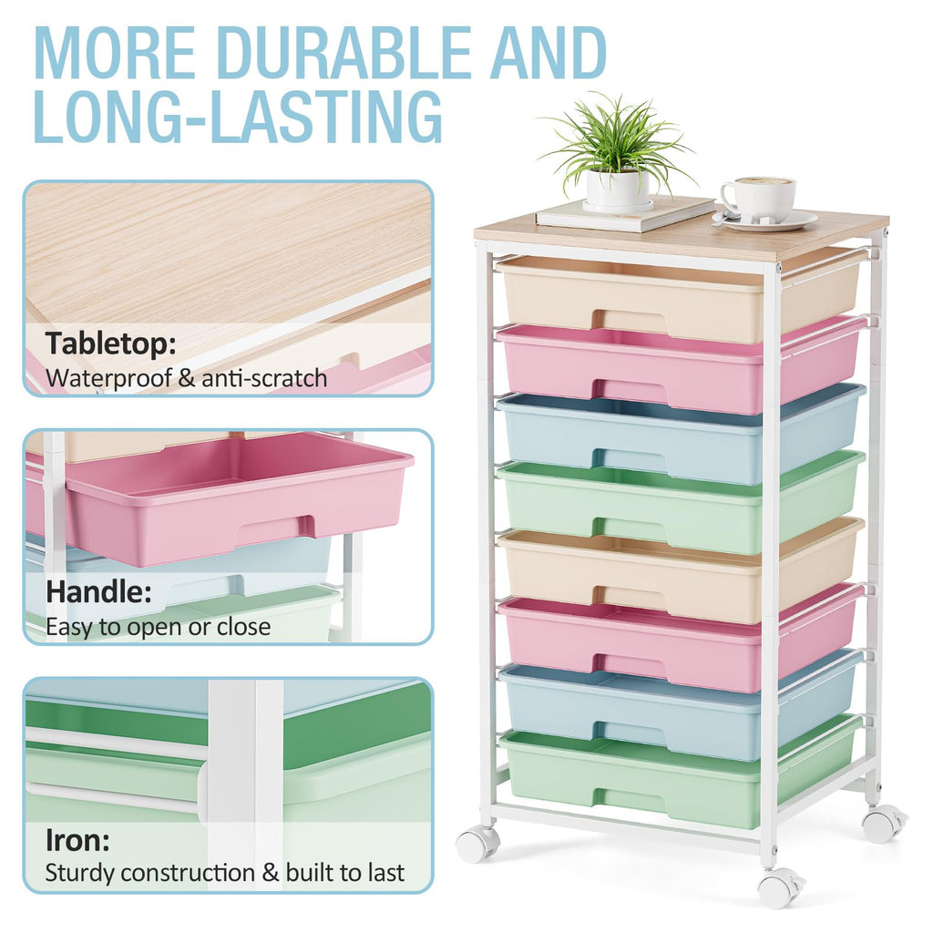 Rolling Storage Cart with 8 Drawers and Wooden Tabletop L86942