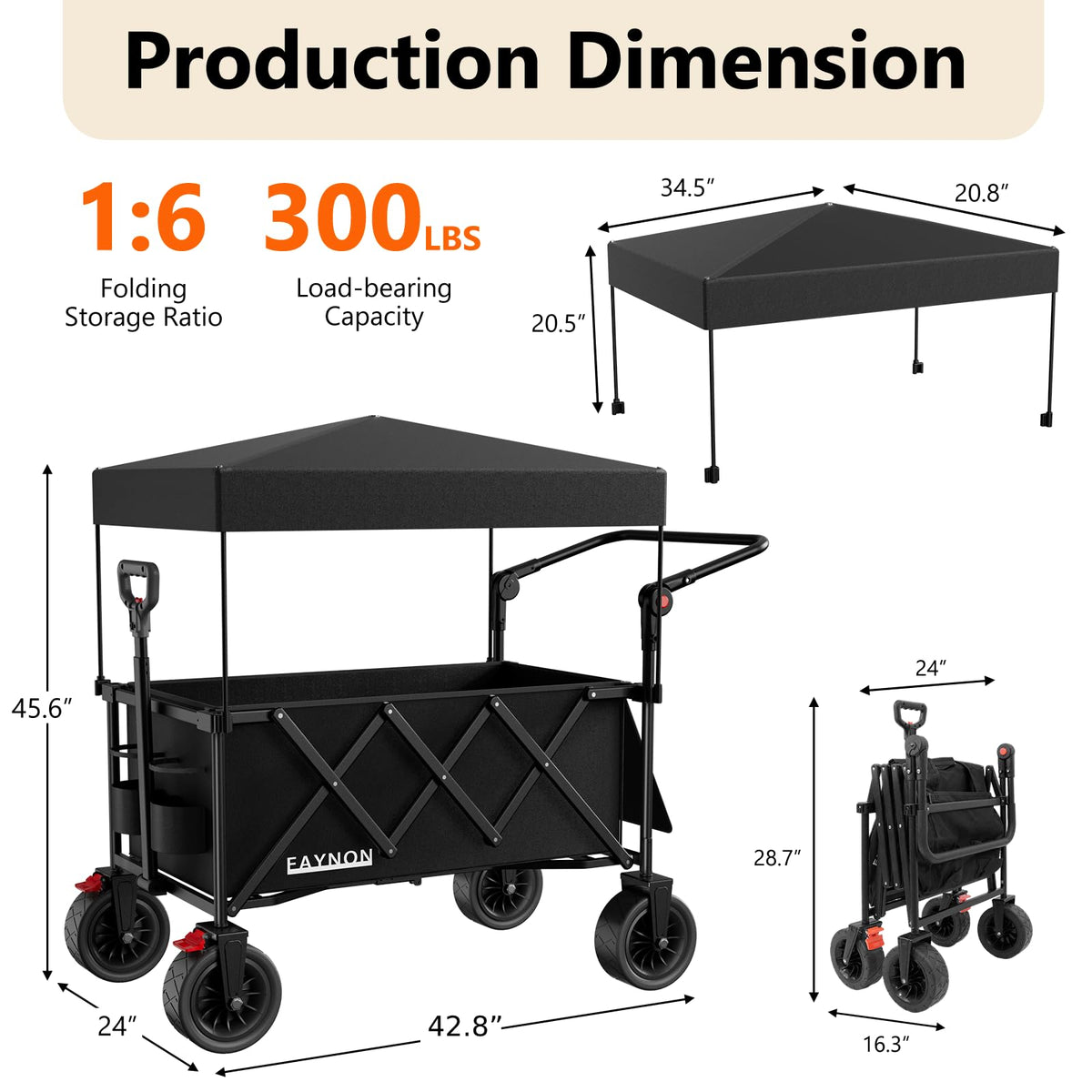 Collapsible Wagon with 300lbs Capacity, 150L Heavy Duty Utility Cart, Black E80275