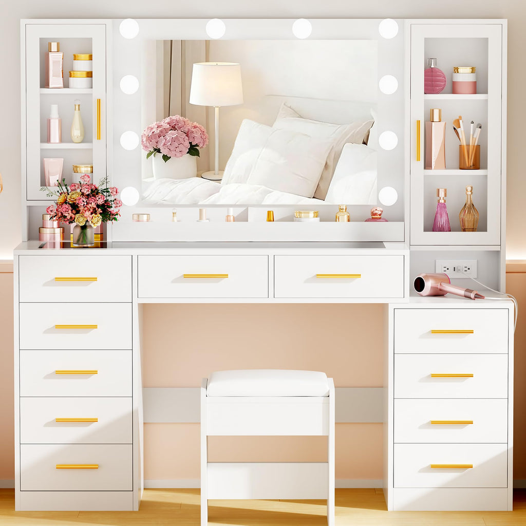 White Glass Top Vanity Desk with Mirror and Lights J5788