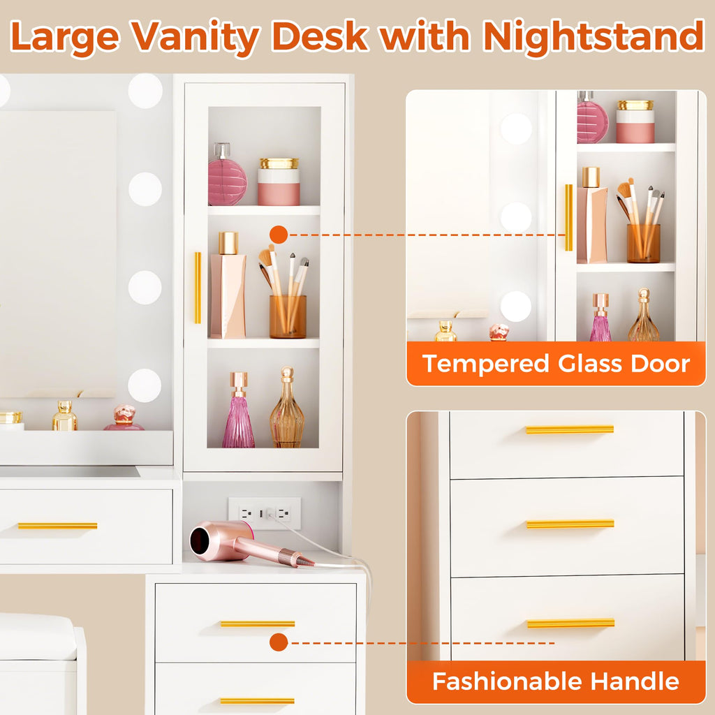 White Glass Top Vanity Desk with Mirror and Lights J5788