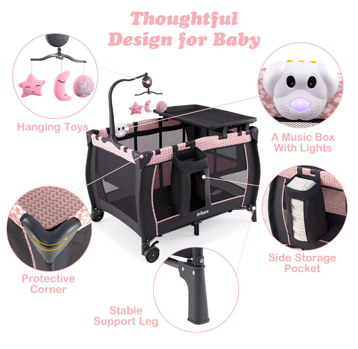 3 in 1 Pack and Play with Bassinet, Changing Table, Storage N34530