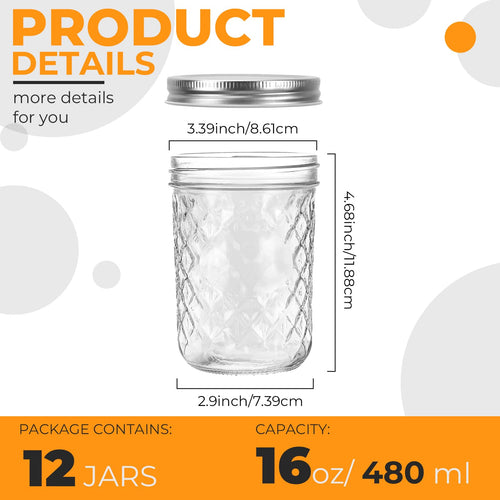 12 Pack 16oz Wide Mouth Glass Mason Jars T52975