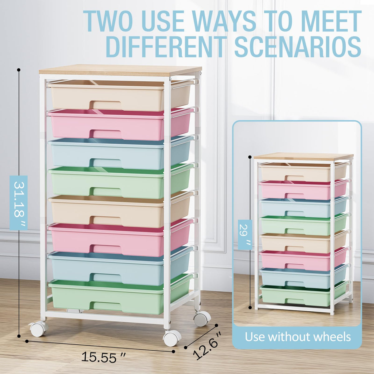 Rolling Storage Cart with 8 Drawers and Wooden Tabletop L86942