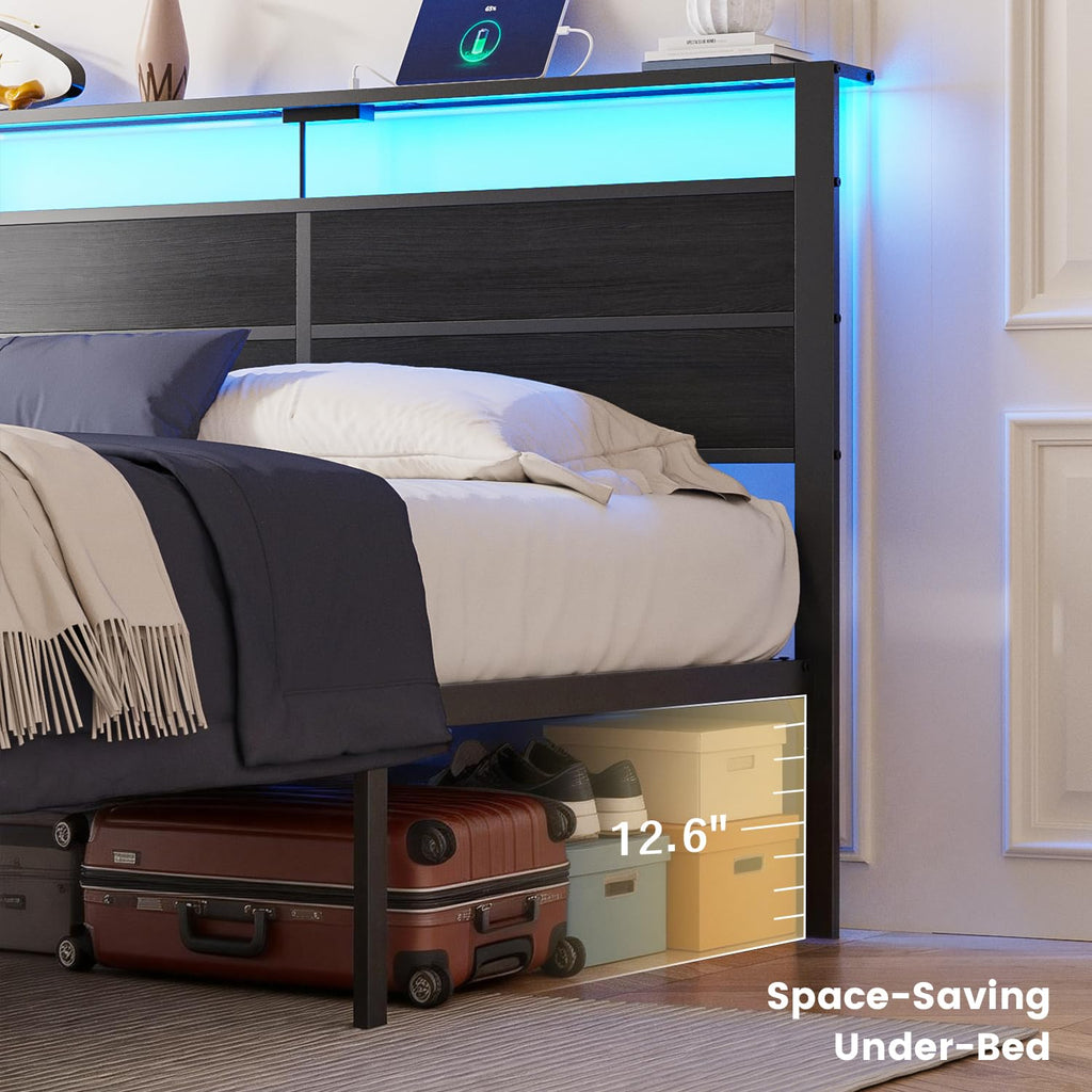 Full Size Metal Bed Frame with Storage Headboard R9224