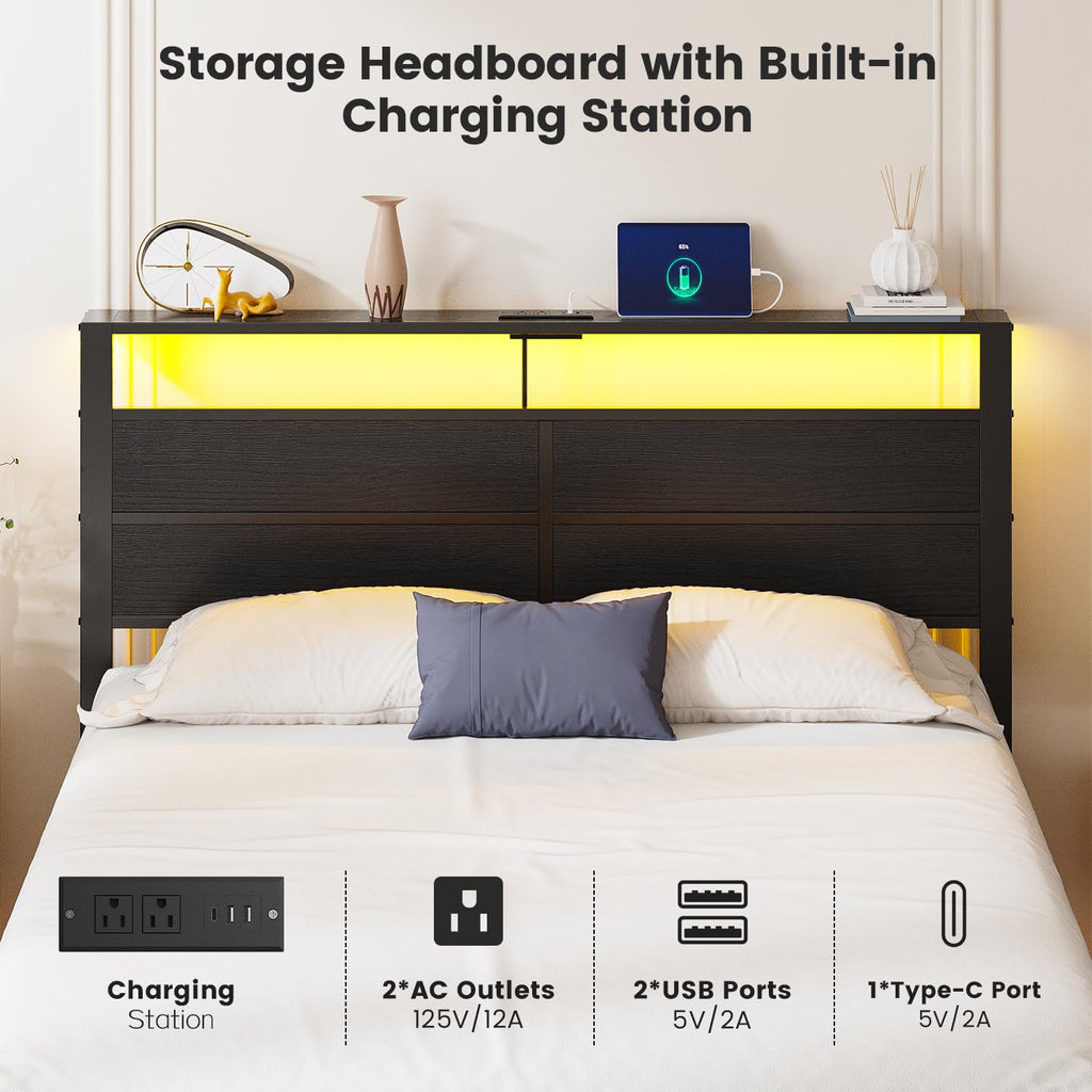 Full Size Metal Bed Frame with Storage Headboard R9224