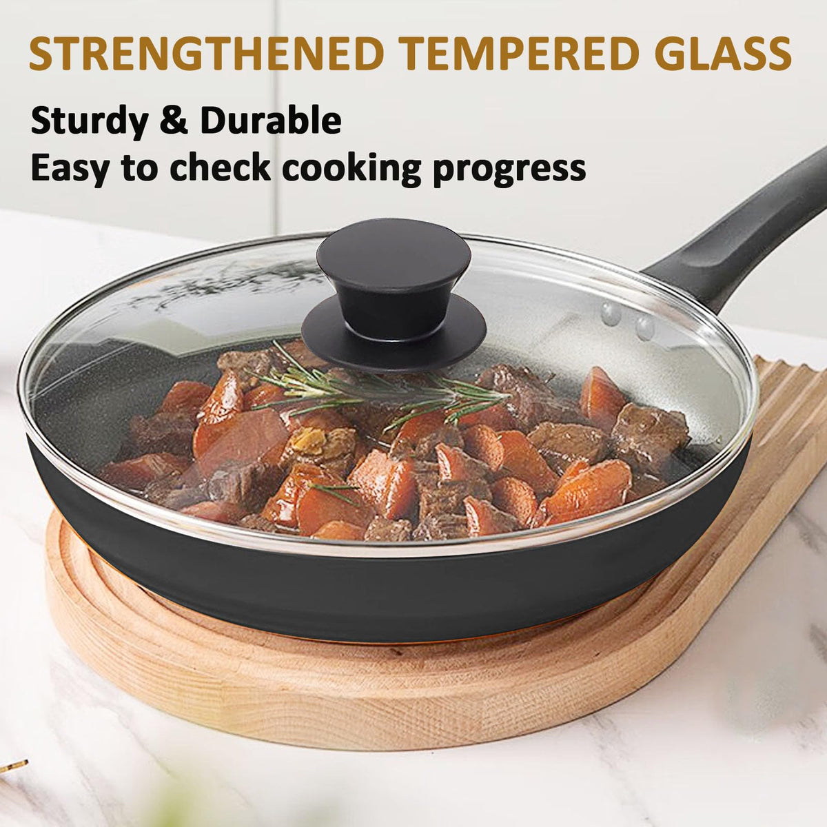 Round Tempered Glass Lid Set with Black Handle, 3 Pieces H370