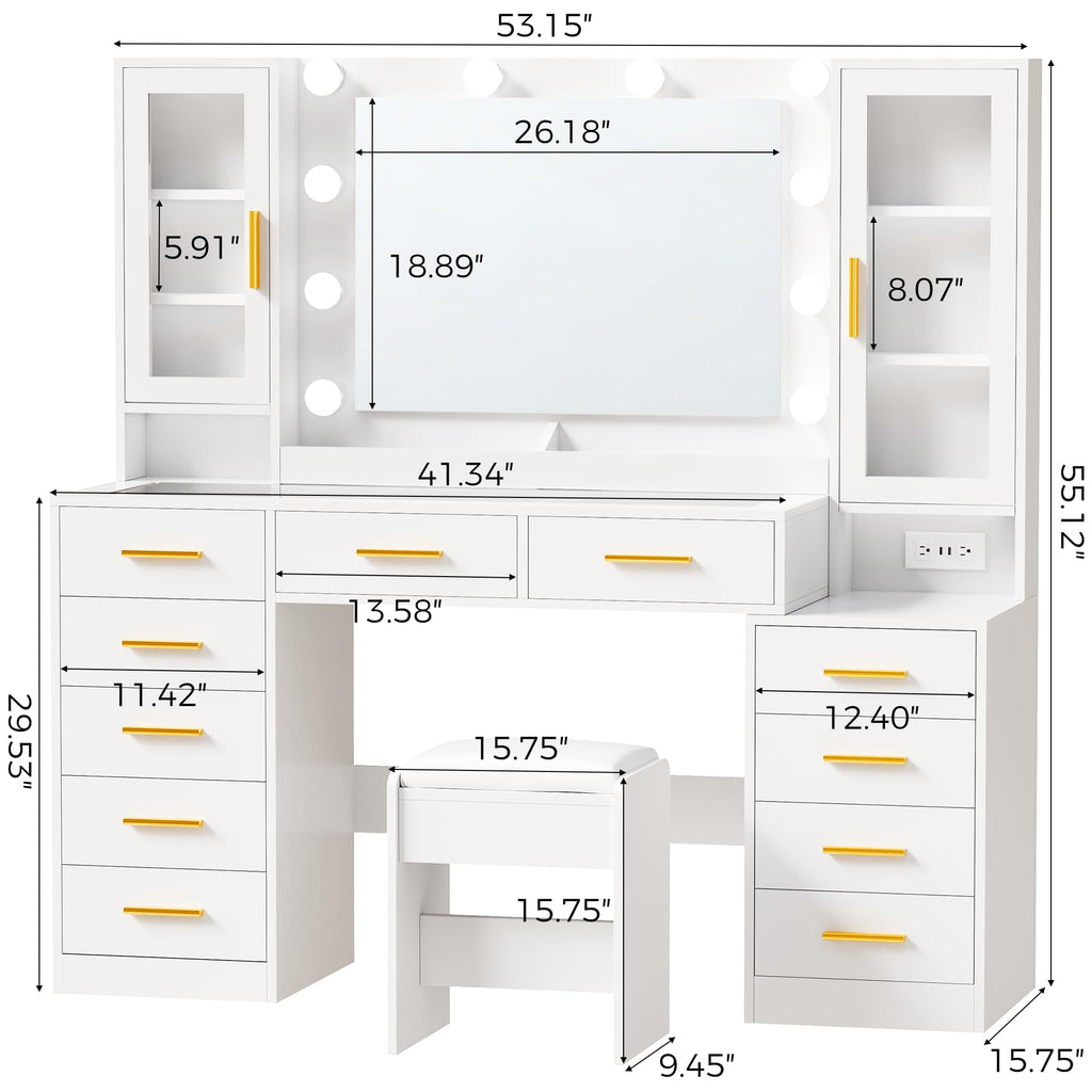 White Glass Top Vanity Desk with Mirror and Lights J5788