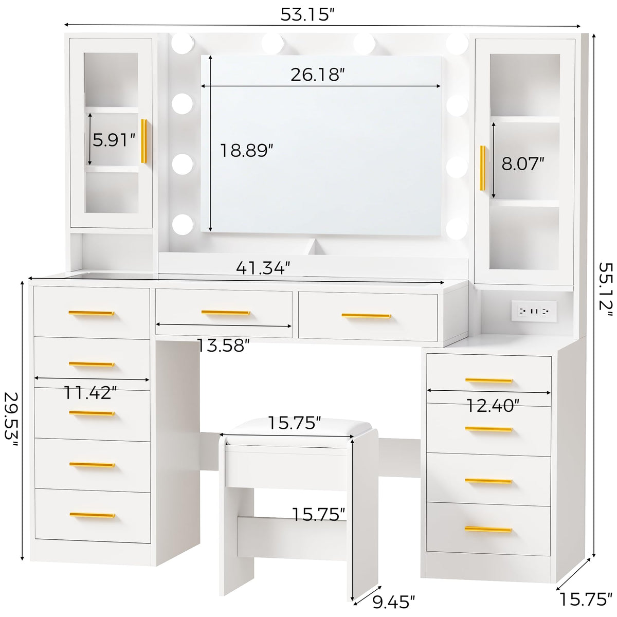White Glass Top Vanity Desk with Mirror and Lights J5788