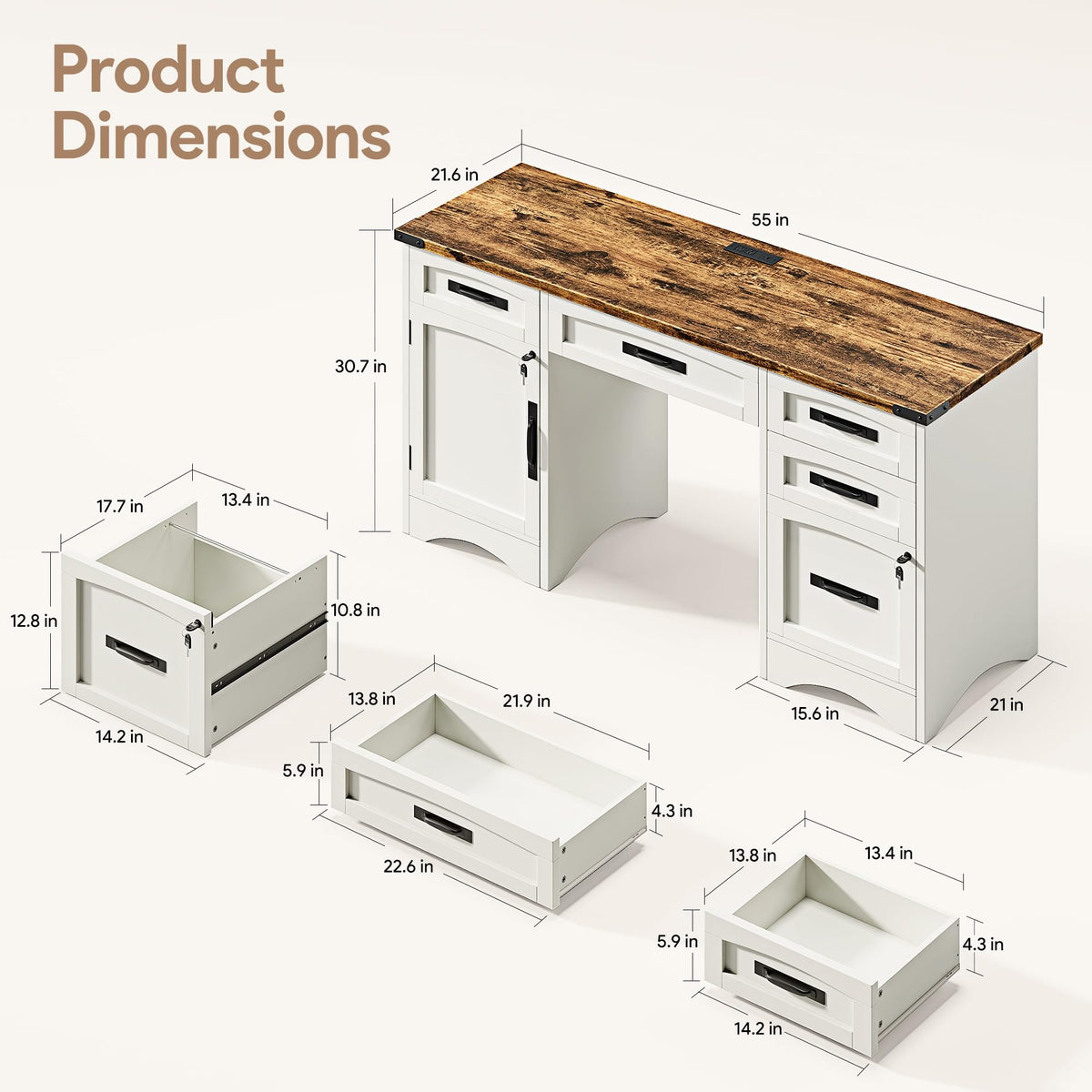 White Wood Executive Desk with Drawers and File Cabinet E414538