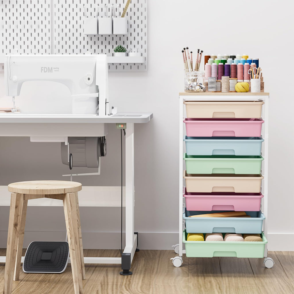 Rolling Storage Cart with 8 Drawers and Wooden Tabletop L86942
