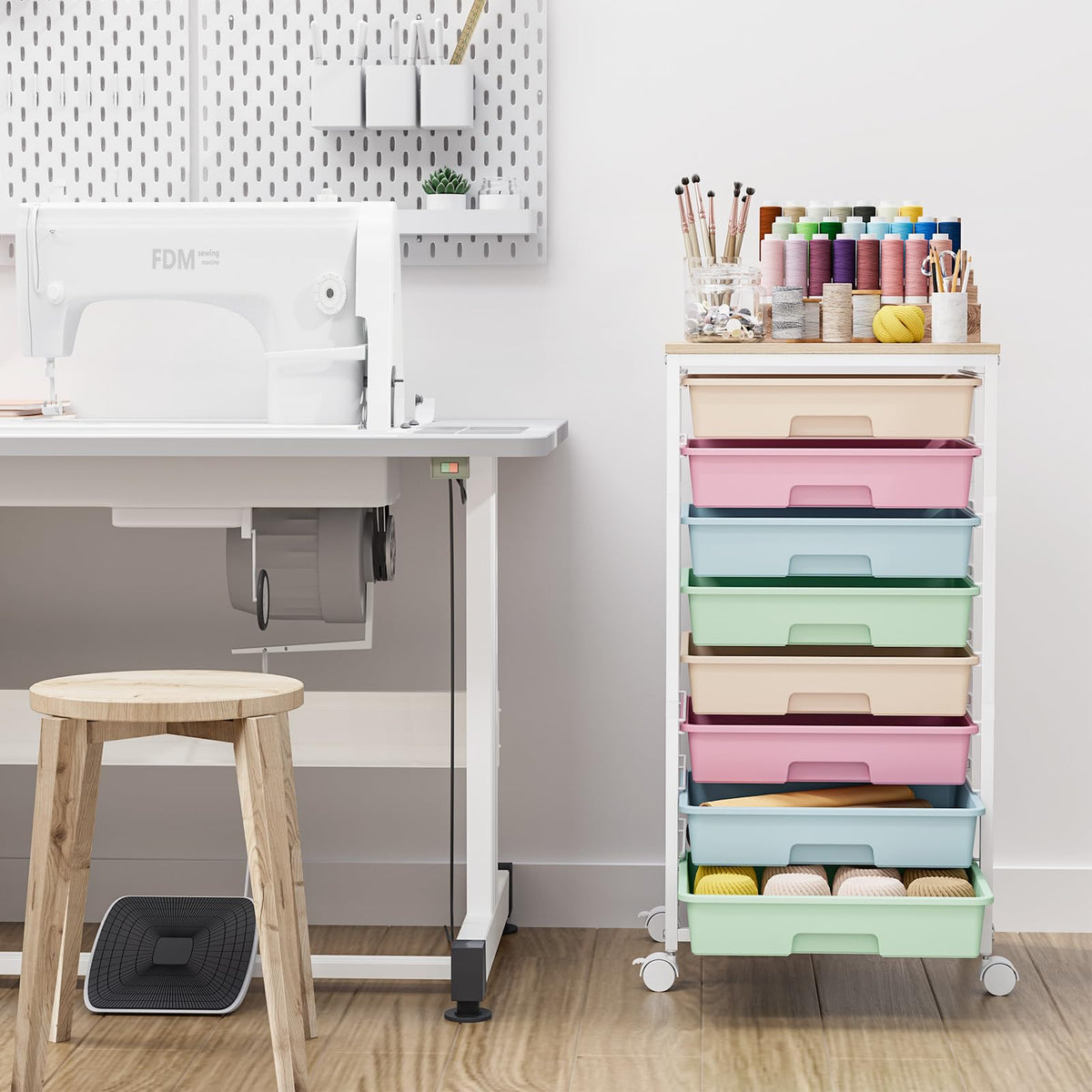 Rolling Storage Cart with 8 Drawers and Wooden Tabletop L86942