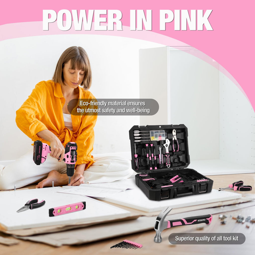 Pink Cordless Drill and 141-Piece Home Tool Kit E500096