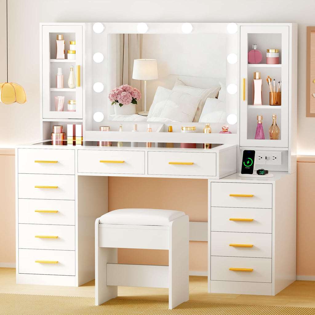White Glass Top Vanity Desk with Mirror and Lights J5788