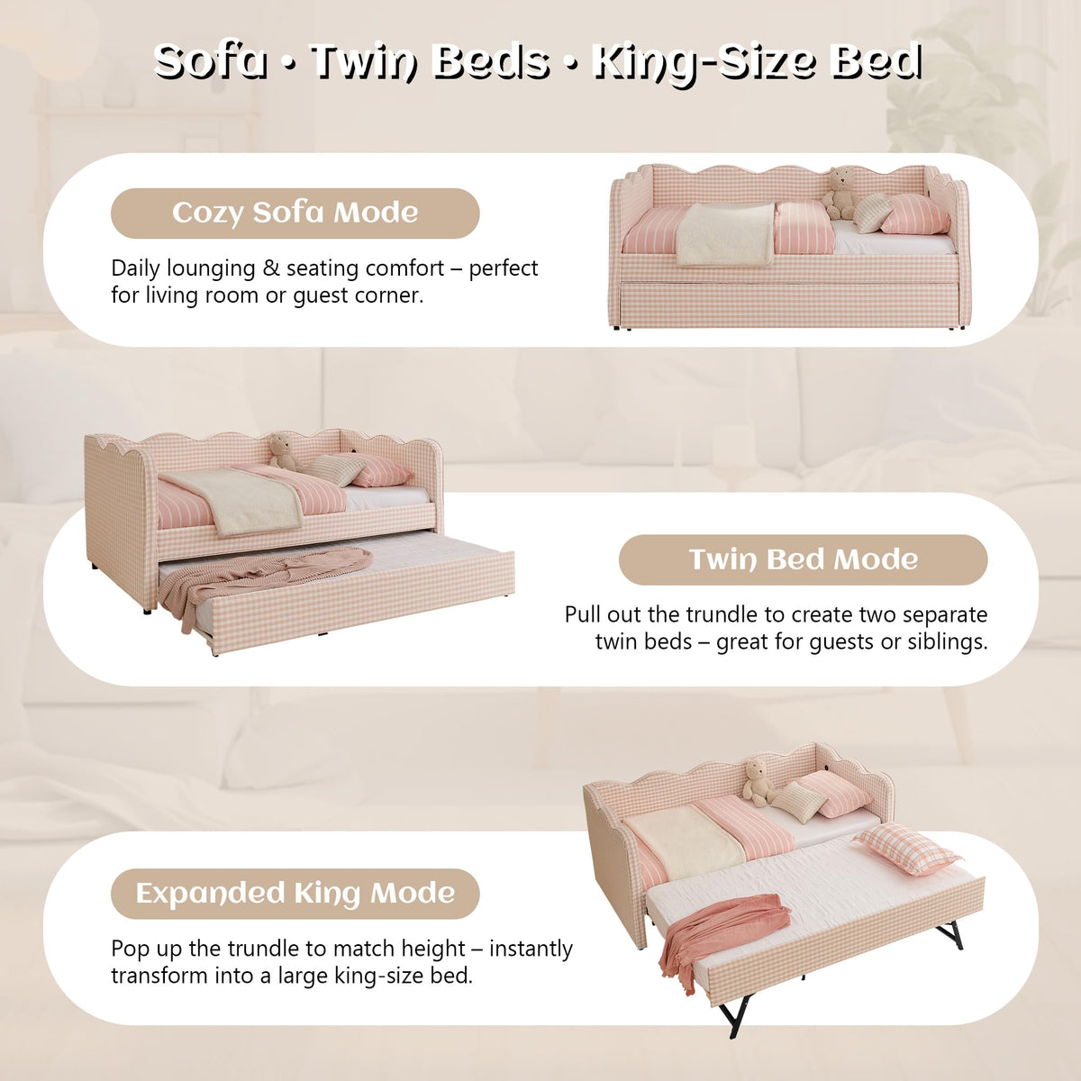 Twin to King Upholstered Daybed with Pop Up Trundle Bed T397