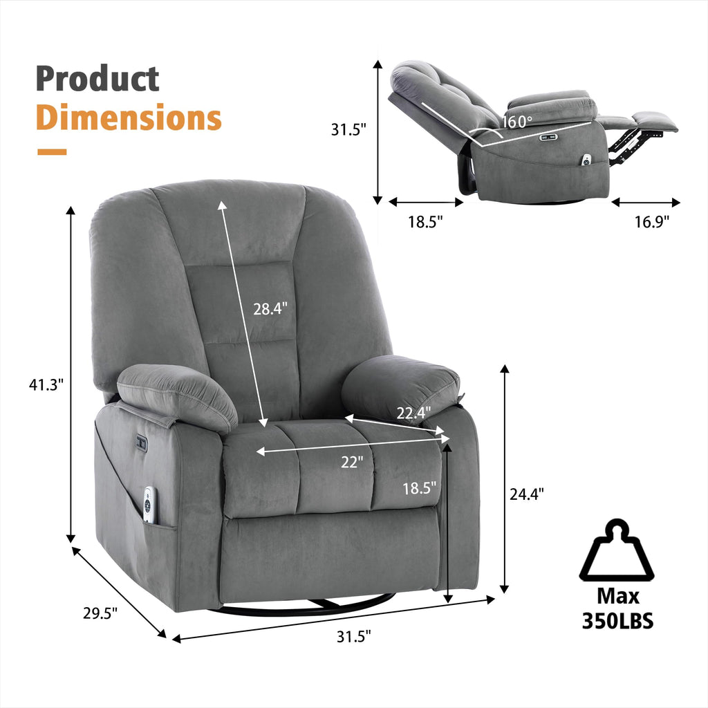 Velvet Grey Power Swivel Rocker Recliner with Massage and Heat X517075