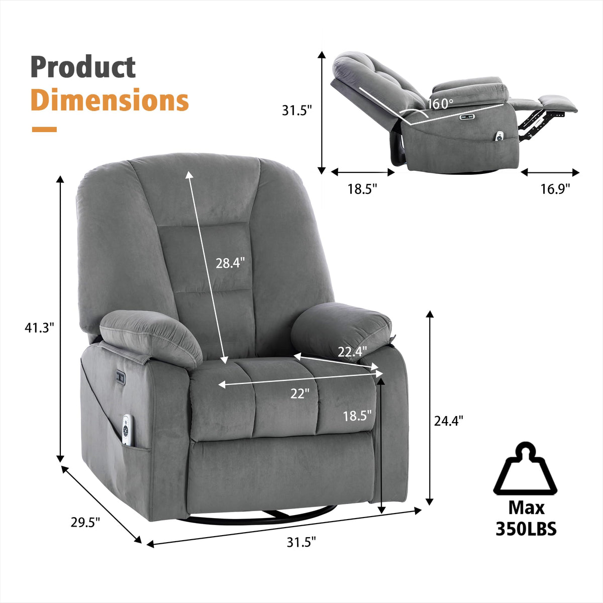 Velvet Grey Power Swivel Rocker Recliner with Massage and Heat X517075
