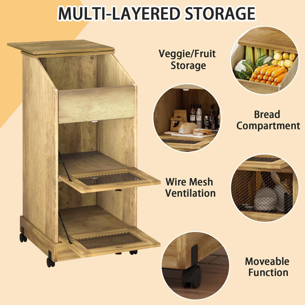 Brown Wooden Potato Storage Bin with Wheel W398