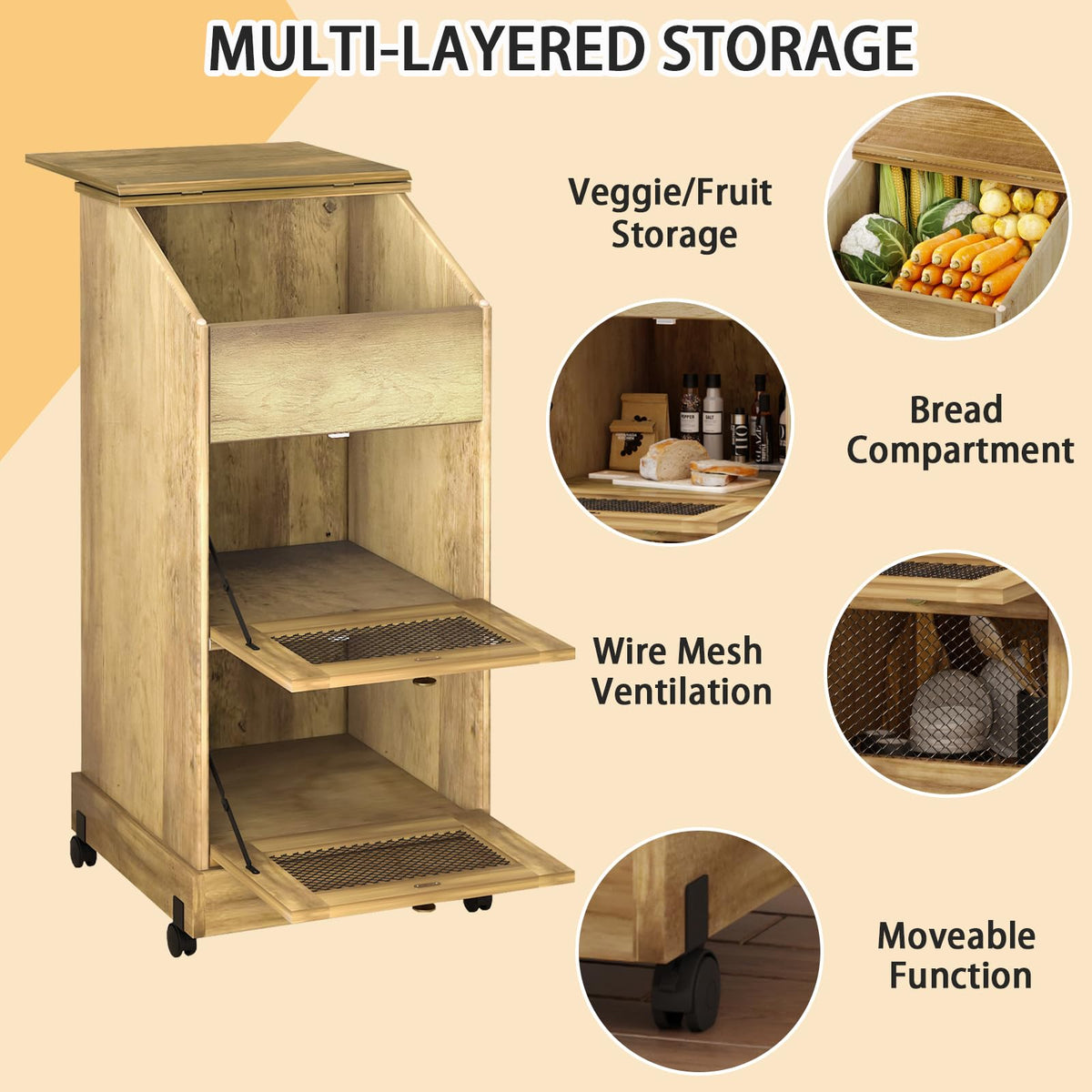 Brown Wooden Potato Storage Bin with Wheel W398