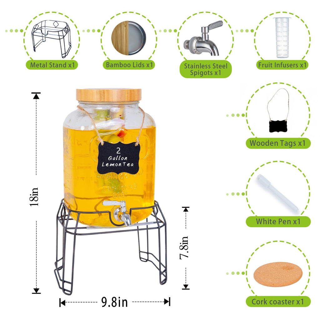 2 Gallon Glass Drink Dispenser with Stand F239