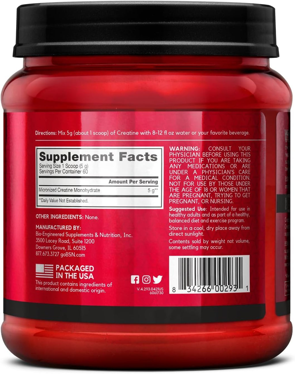 Micronized Creatine Monohydrate Powder, 5g per Serving, 60 Servings K83198