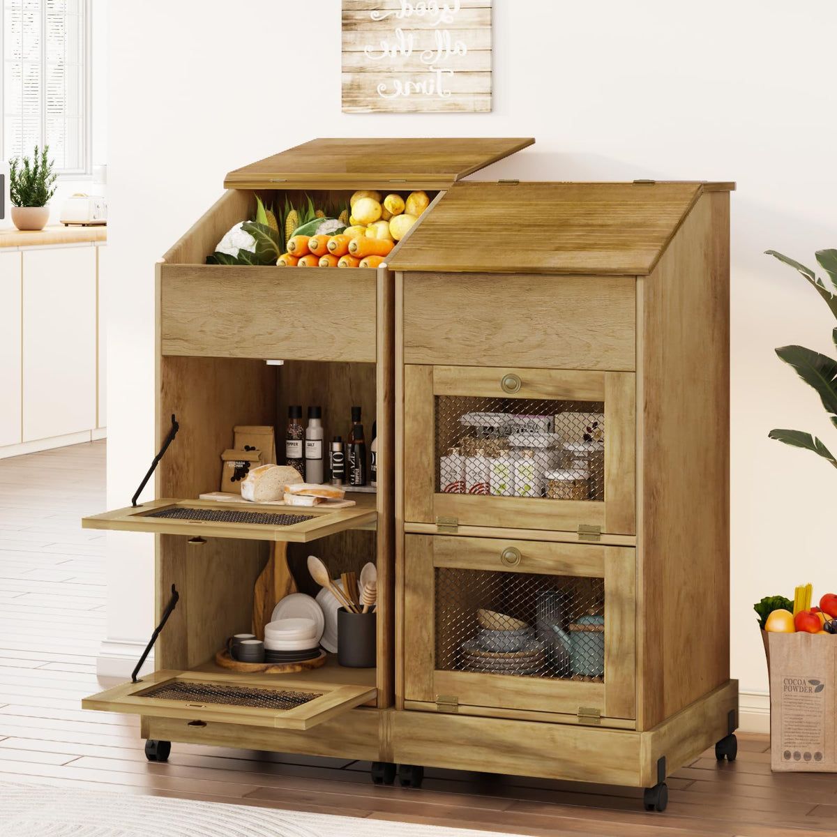 Brown Wooden Potato Storage Bin with Wheel W398