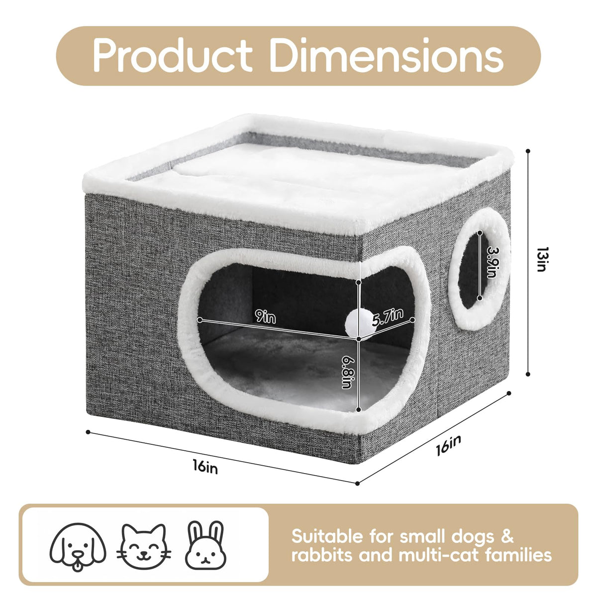 Large Covered Cat Bed Cave, Grey, 16in U315