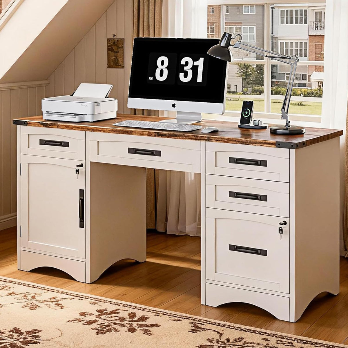 White Wood Executive Desk with Drawers and File Cabinet E414538