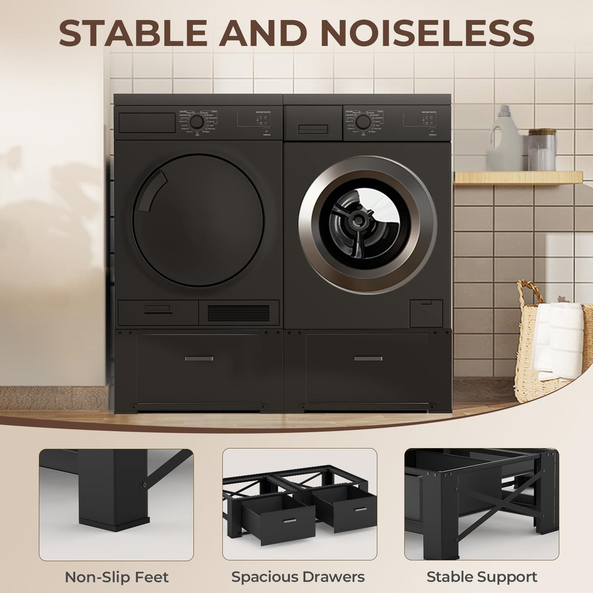 29" Washer and Dryer Pedestals with Drawer Set of 2 Black F69998