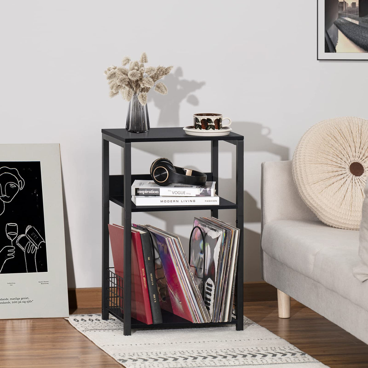 Black 3 Tier End Table with Storage Shelf J100