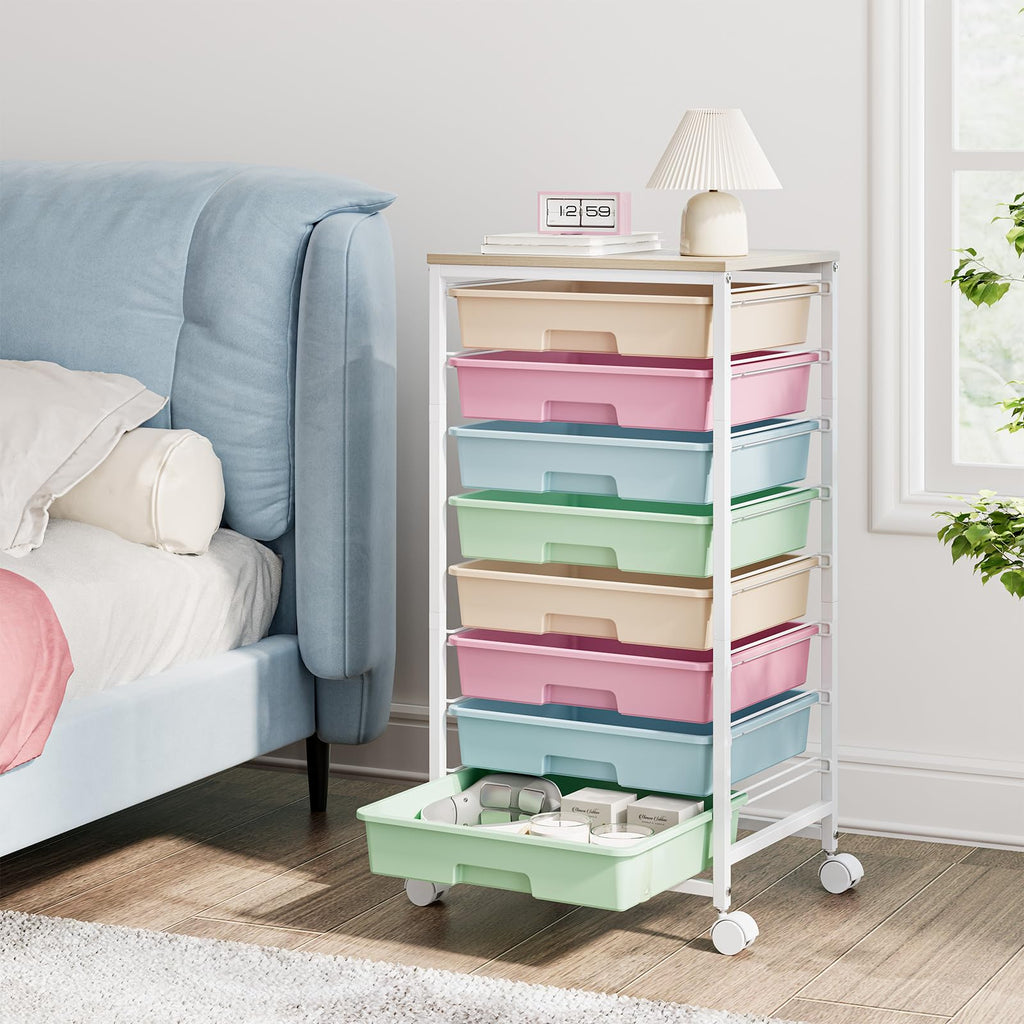 Rolling Storage Cart with 8 Drawers and Wooden Tabletop L86942