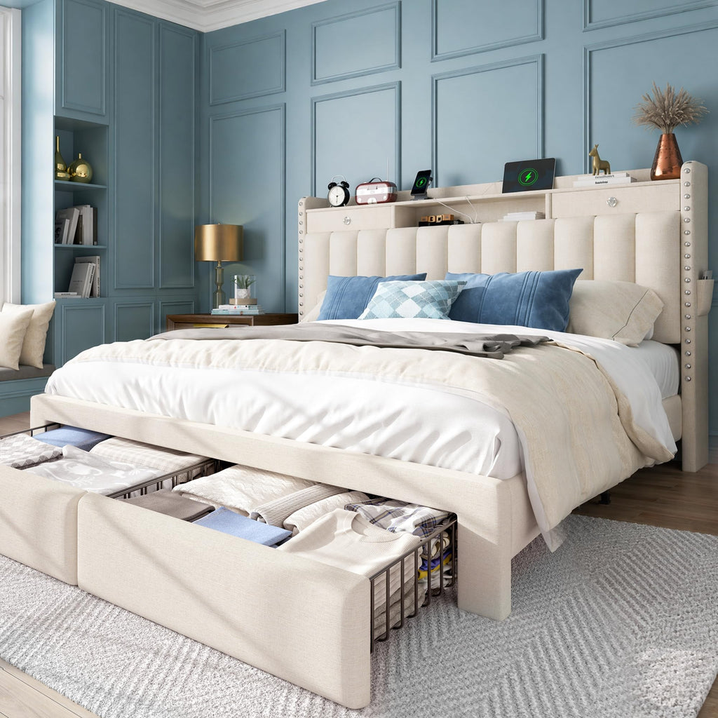Queen Bed Frame with Storage Headboard & 4 Drawers O1963