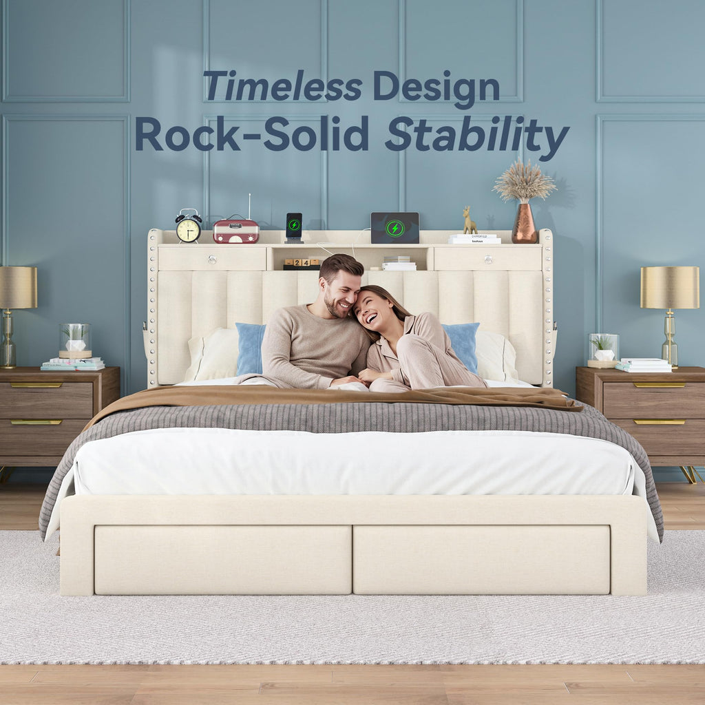 Queen Bed Frame with Storage Headboard & 4 Drawers O1963