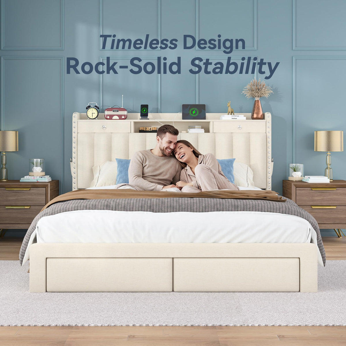 Queen Bed Frame with Storage Headboard & 4 Drawers O1963