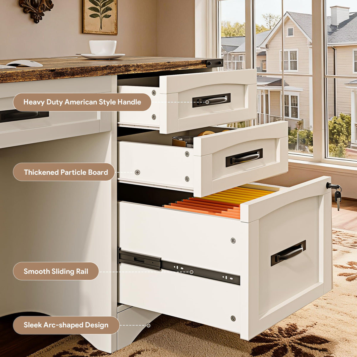 White Wood Executive Desk with Drawers and File Cabinet E414538