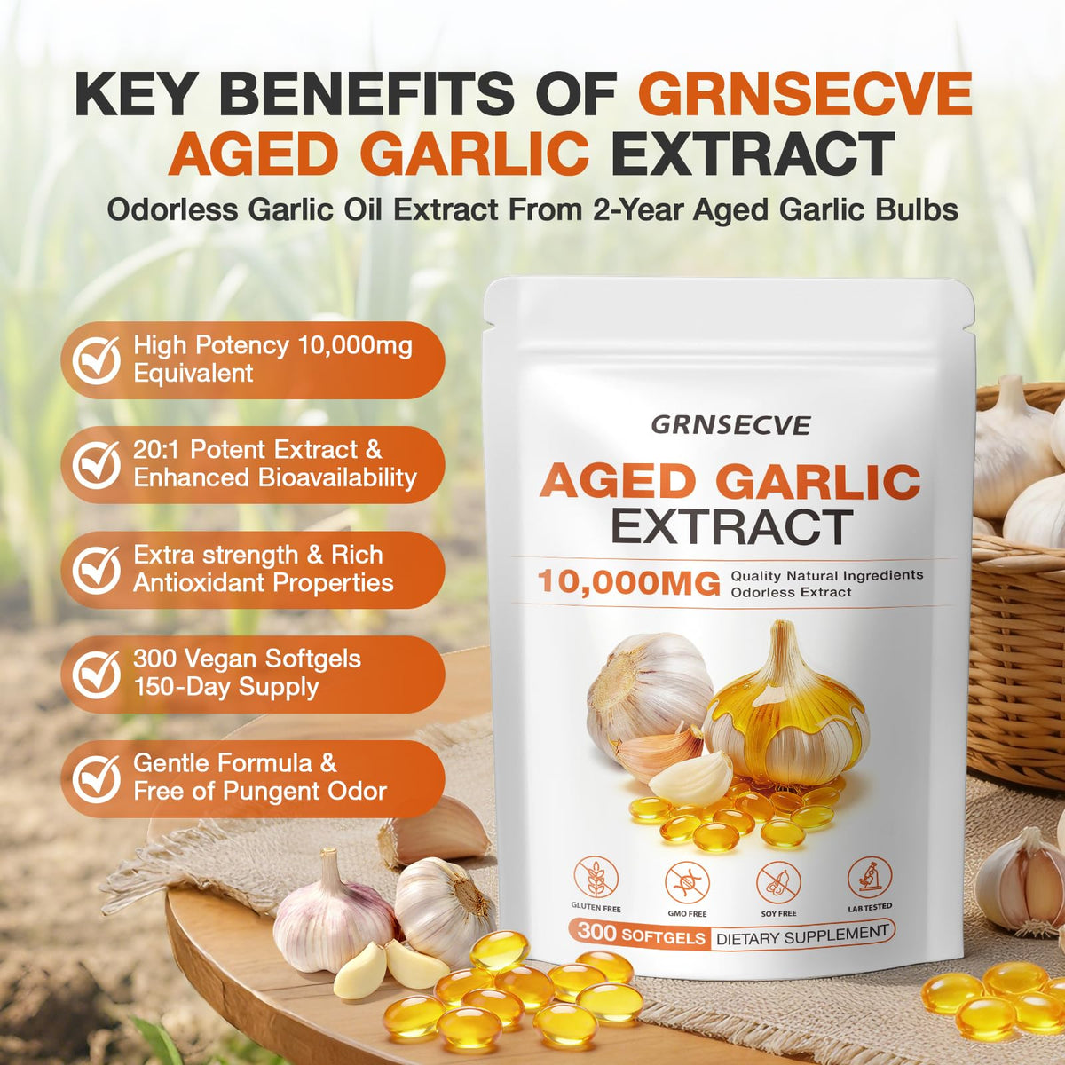 Odorless Garlic Capsules 10,000mg 300 Softgels X749