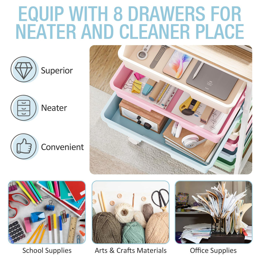 Rolling Storage Cart with 8 Drawers and Wooden Tabletop L86942