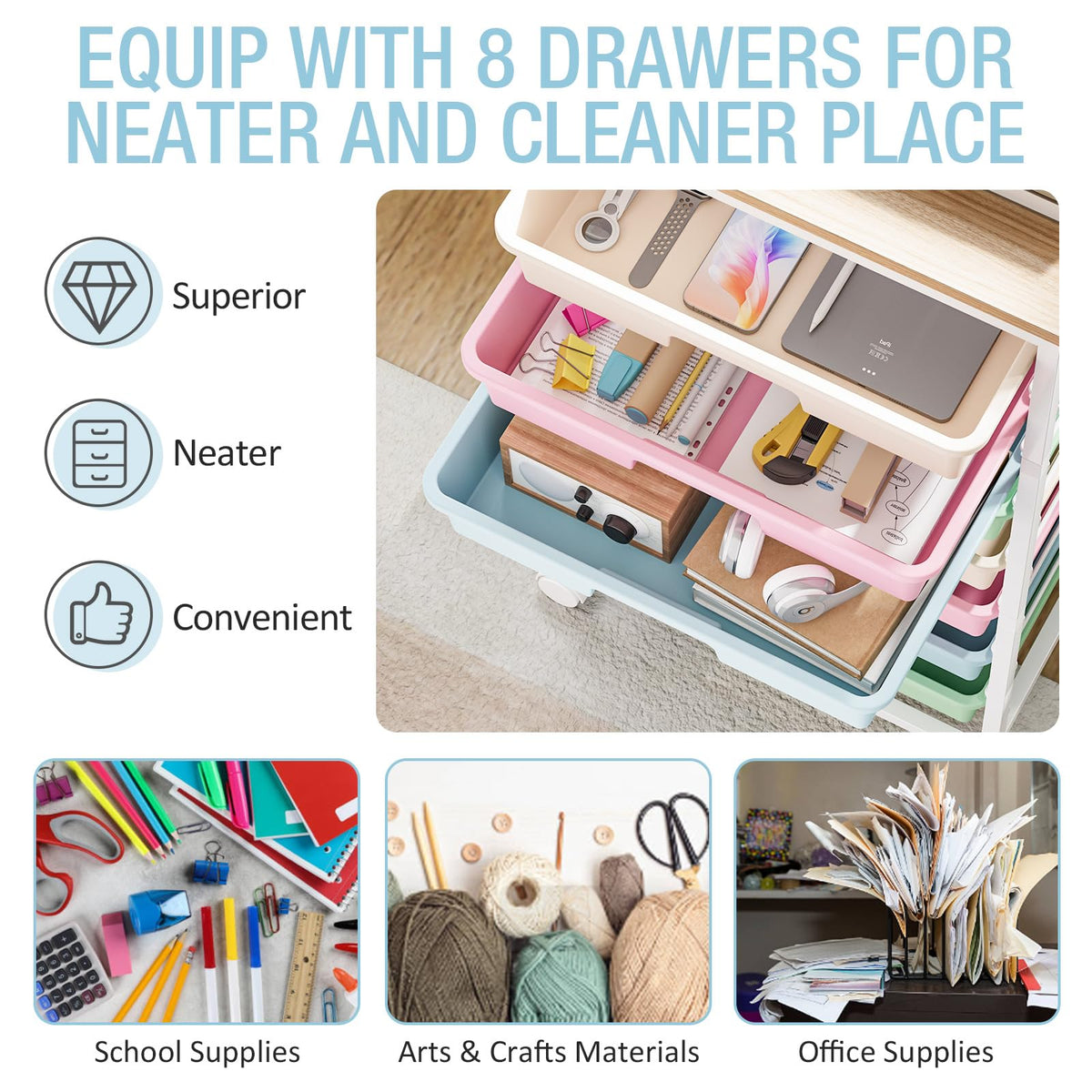 Rolling Storage Cart with 8 Drawers and Wooden Tabletop L86942